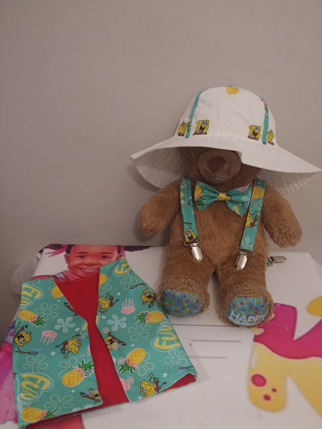 Child Vest and bowtie suspenders with matching hat. Any style bowtie any character
