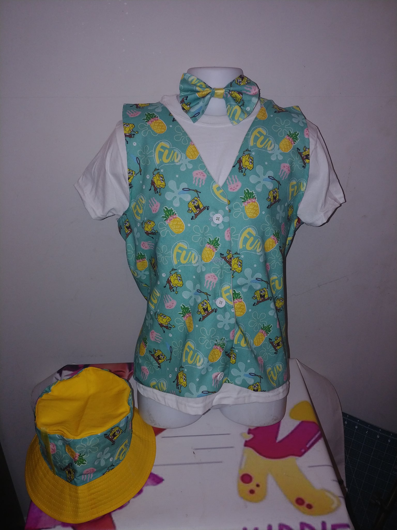 Child Vest and bowtie suspenders with matching hat. Any style bowtie any character