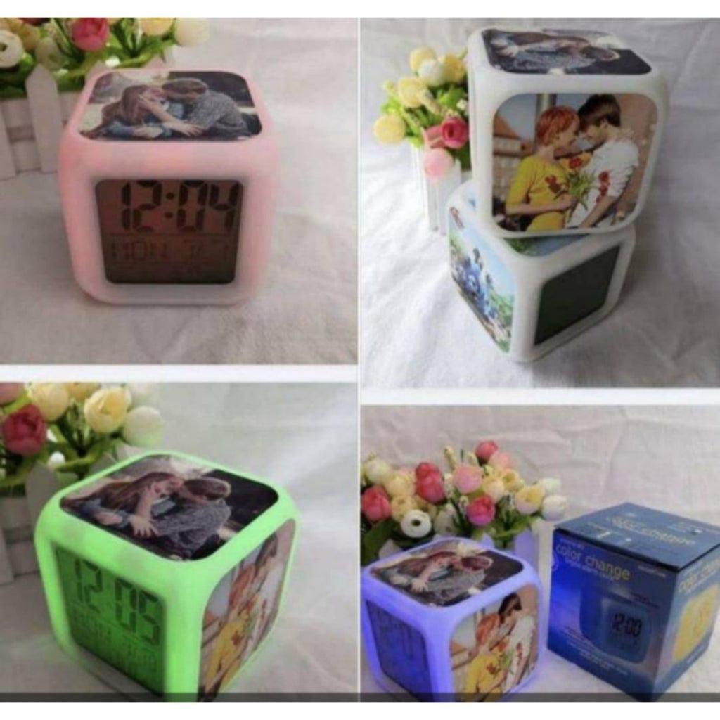 Customize led alarm clocks with 3 areas for pictures or phrases
