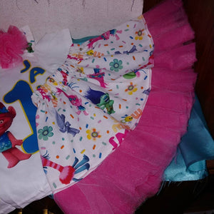 Troll birthday christmas Lil girl skirt or short sets. Any character or any other theme if available.