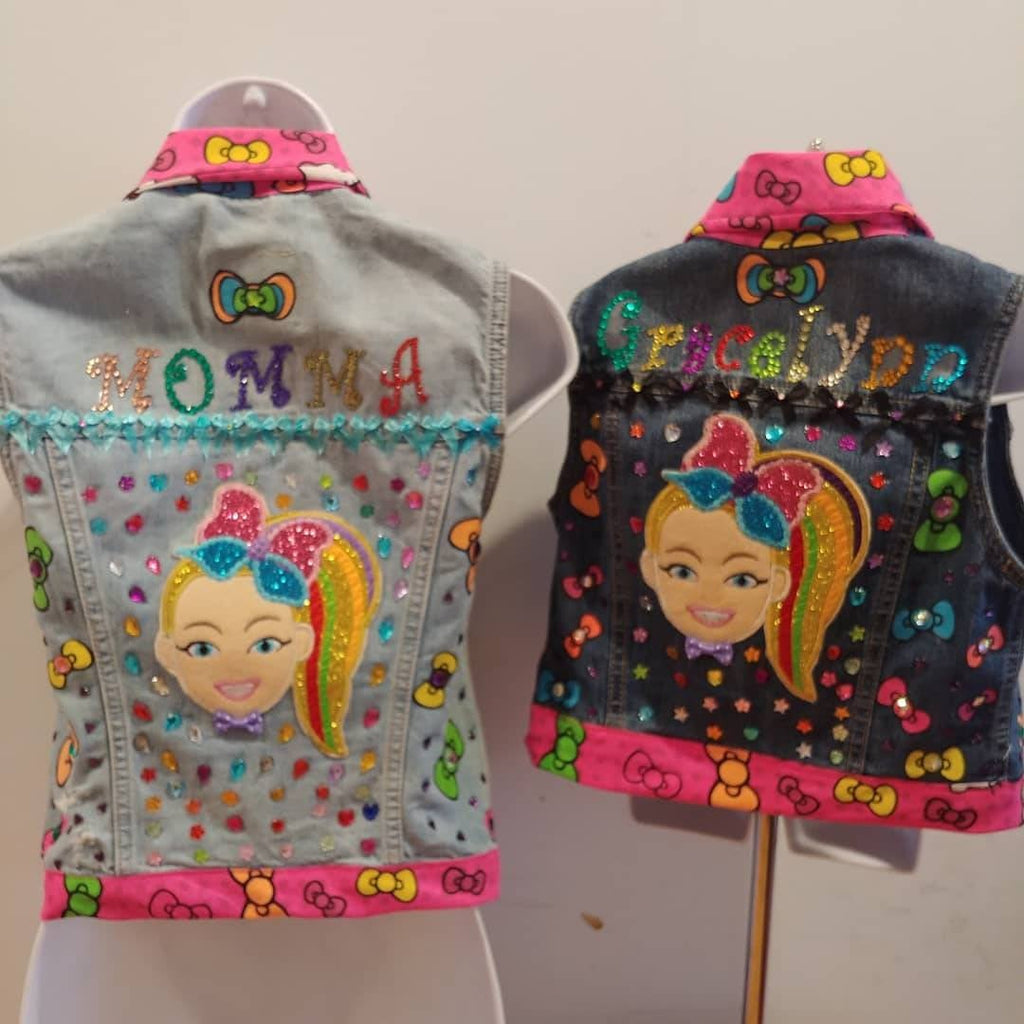 Mommy and me Personalize jean vest Birthday big head dolls boss doll inspired Jean vest jacket. Any theme. shark,mouse