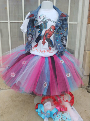 Personalized Bat verse inspired Jean vest jacket an inspired tutu outfit event birthday Rainbows unicorns shark