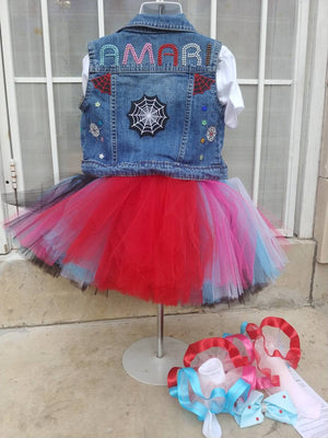 Personalized Bat verse inspired Jean vest jacket an inspired tutu outfit event birthday Rainbows unicorns shark